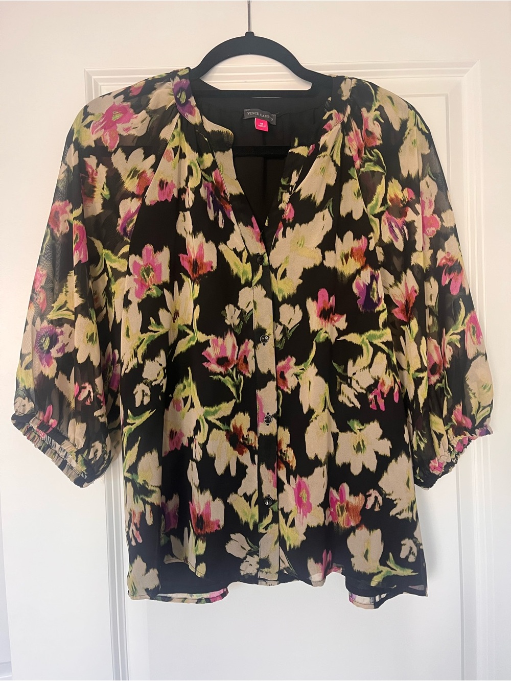 Vince Camuto Black Floral Button-Front Blouse with Pink and Cream Accents